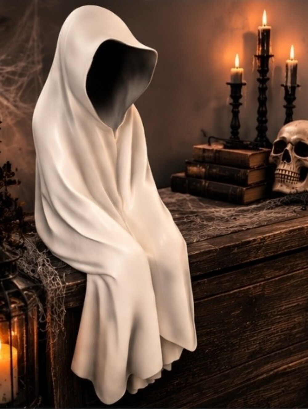Hallows Eve White Grim Reaper Ghost Sitting Halloween Decor Light Up Viral New